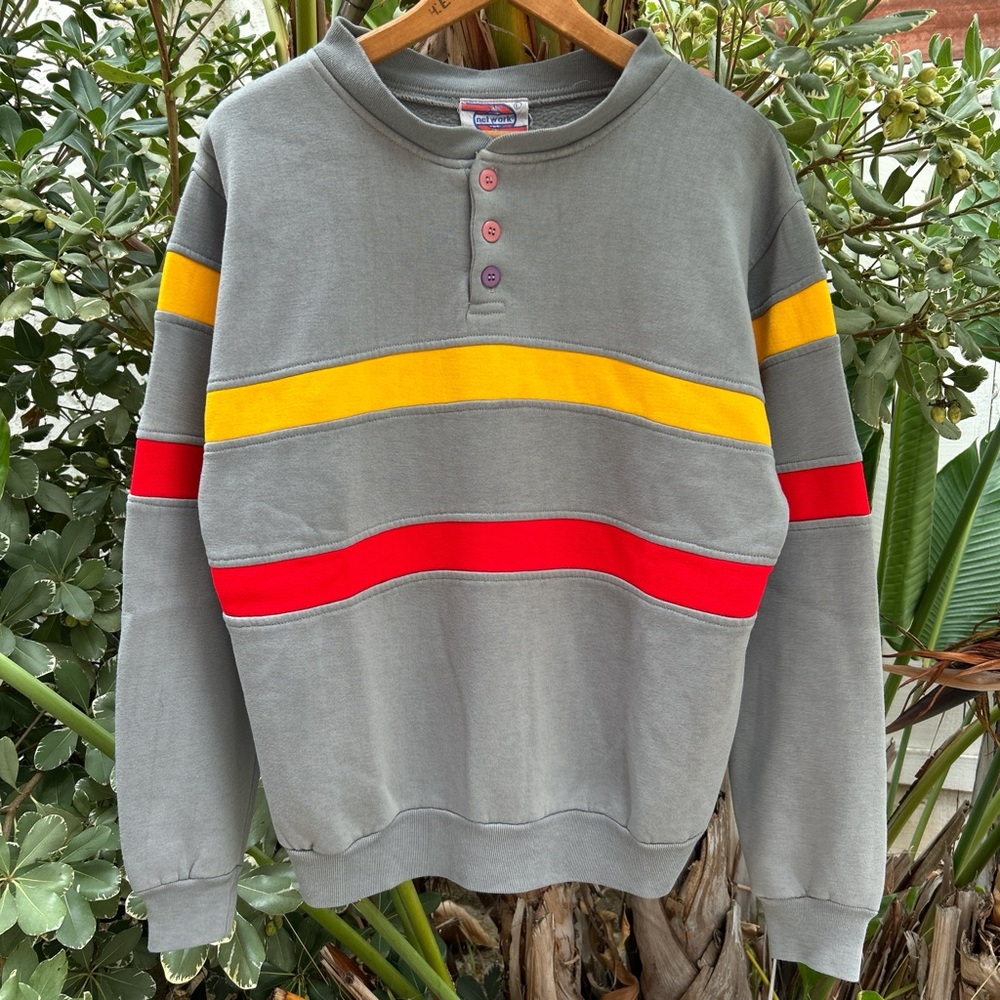 Vintage 1980s Network Henley Sweatshirt Gray Striped Pullover L